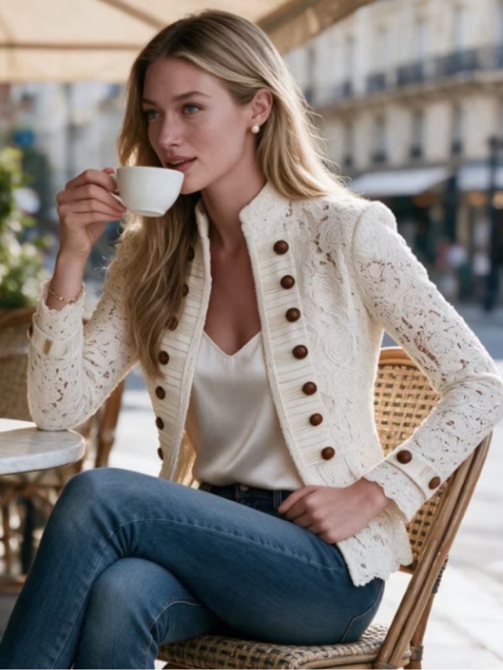 Women'S White Lace Stand Collar Jacket Blazer Fashionable Chic Vintage Style